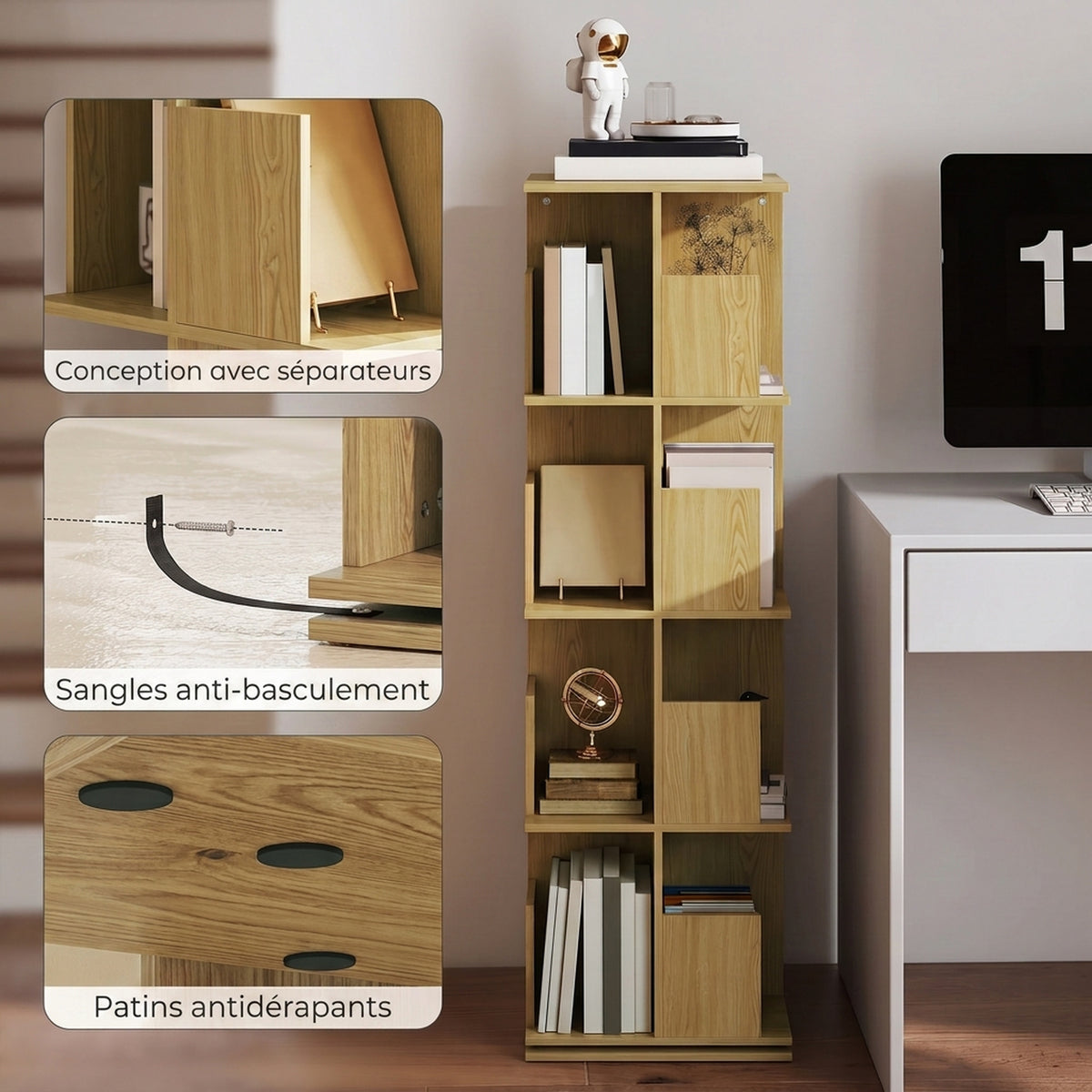 Bibliothèque Rotative à 4 Niveaux, Étagère Rangement avec 16 Compartiments, 39 x 39 x 128,3 cm, Chêne-5