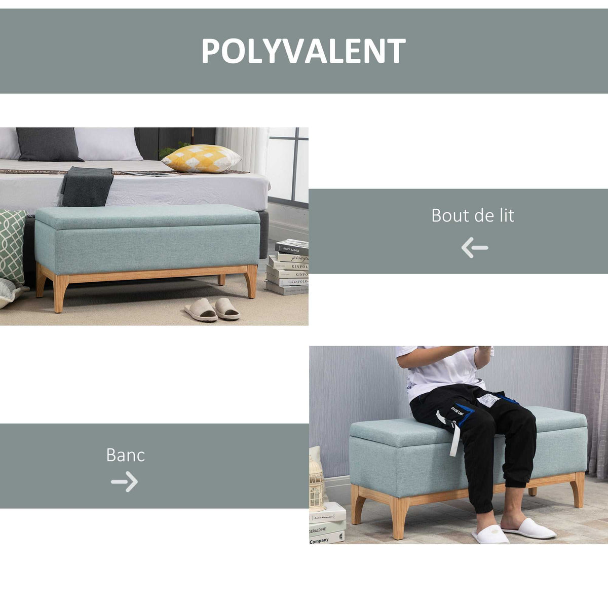 Banc de rangement, coffre de rangement avec couvercle amovible style scandinave, bout de lit en tissu lin, 110 x 39 x 45 cm, vert clair-4