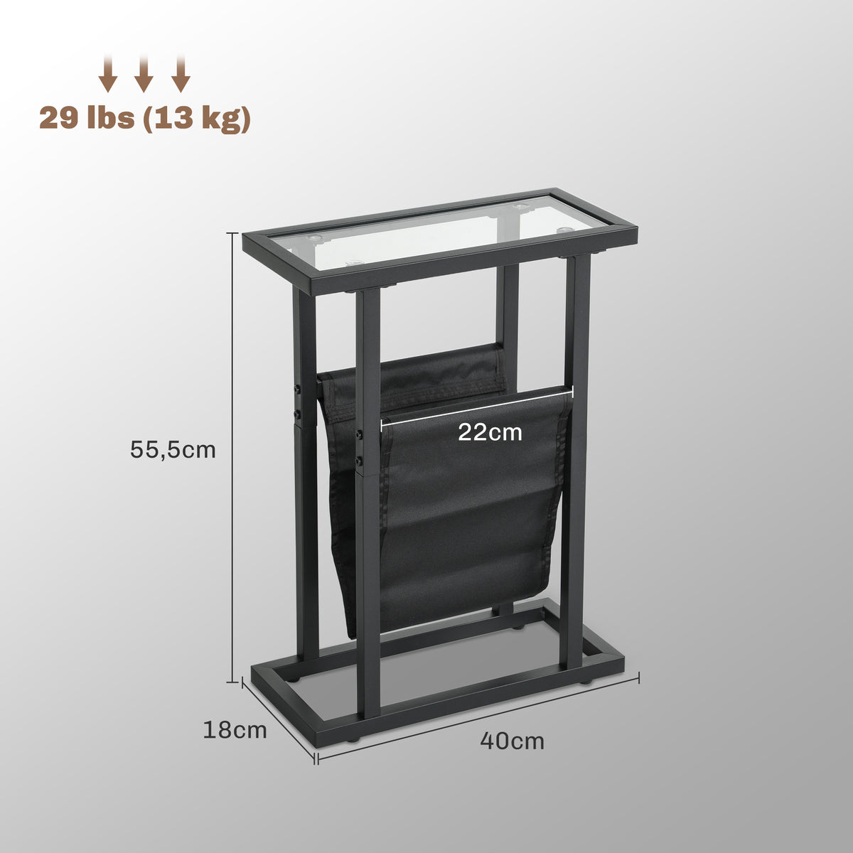 Table d'appoint étroite, bout de canapé en métal avec porte-revues et plateau en verre trempé, 40 x 18 x 55,5 cm, noir-2