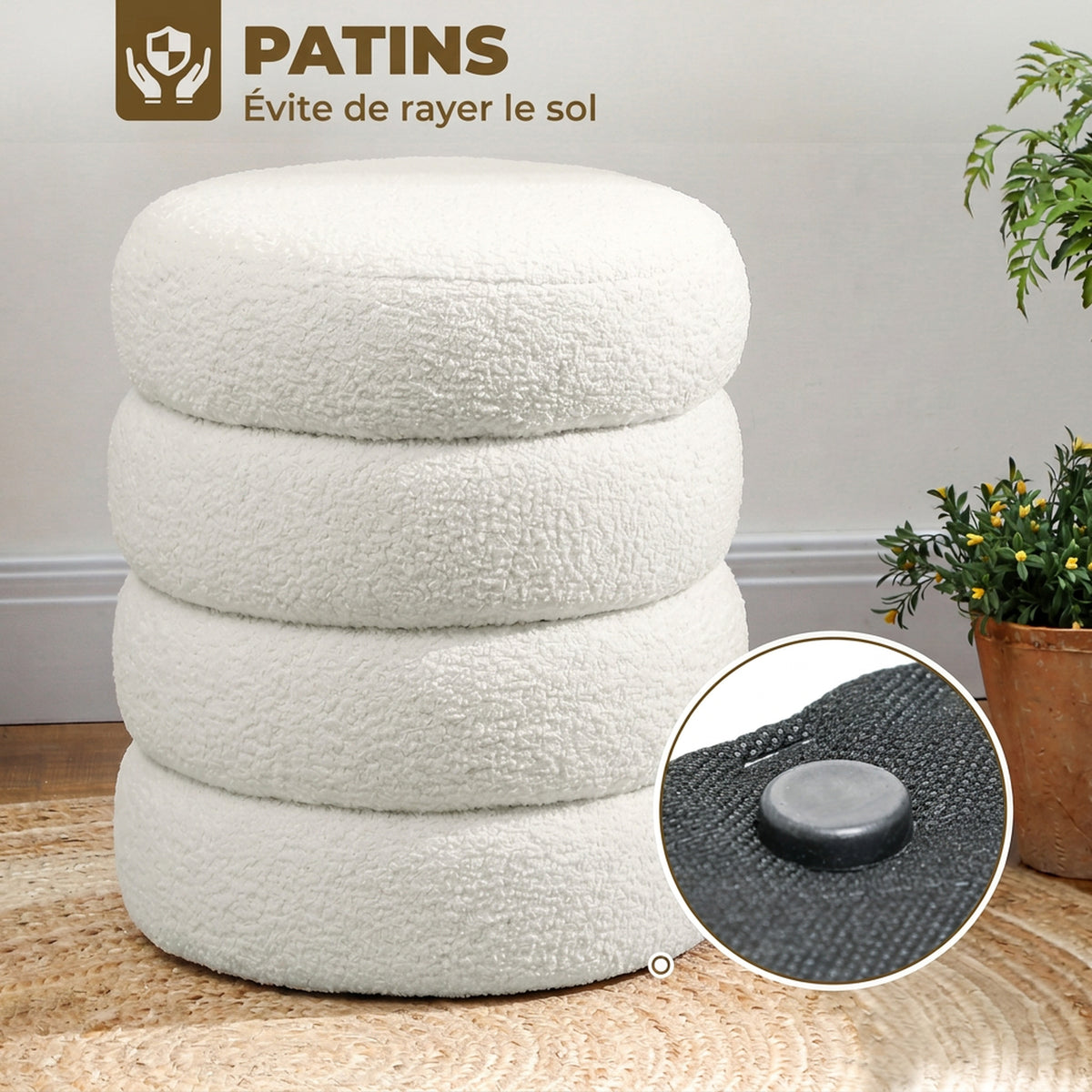 Repose pied salon, tabouret ottoman rond rembourré en peluche Teddy, pour chambre à coucher, entrée, Ø 40 x 45 cm, blanc-4