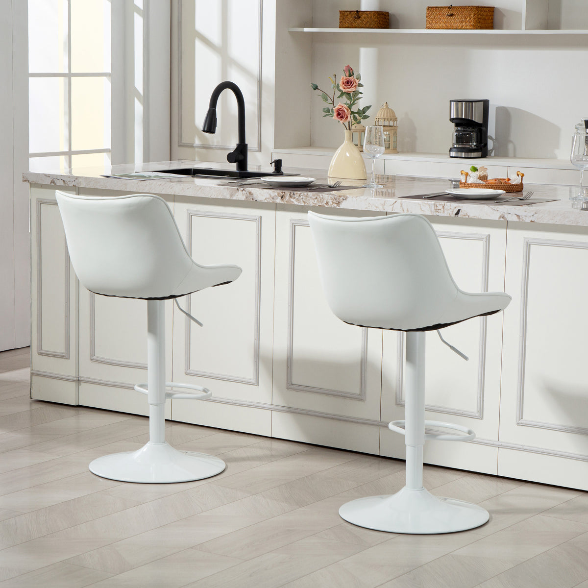Lot de 2 tabourets de bar, chaises de bar structure en acier hauteur réglable 92-110 cm, dossier repose-pieds blanc-8