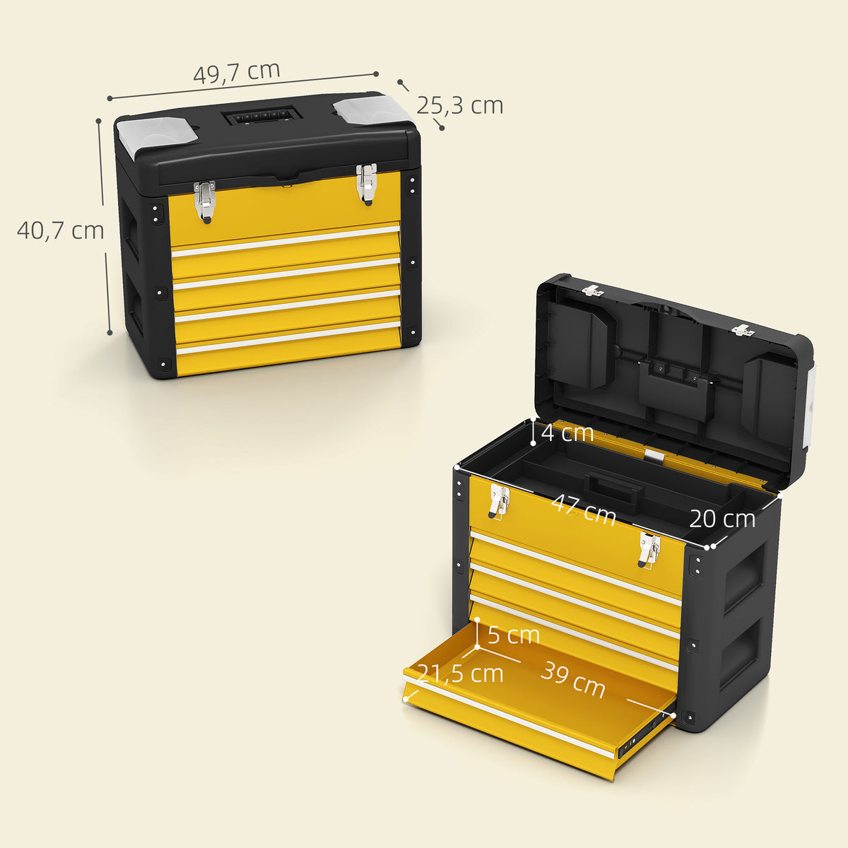 Boîte à outils à 4 tiroirs, caisse à outils en acier thermolaqué avec plateau amovible, 49,7x25,3x40,7cm, jaune-2