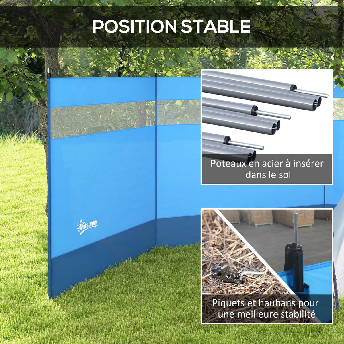 Paravent brise-vent de camping portable pliable avec sac de transport et poteaux en acier dim. 440 cm x 140 cm bleu-4
