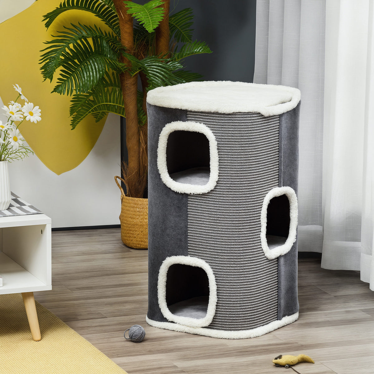 Tonneau à Gratter pour Chat 3 Niveaux en Peluche et Sisal, 3 Zones, 2 Grands Trous Interconnectés, 40x40x74cm, Gris-9