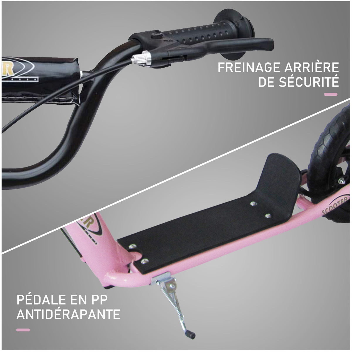 Trottinette enfant patinette pneus 30 cm Hauteur Guidon réglable poignée Frein et béquille Acier pour enfants à partir de 5 ans Rose-5