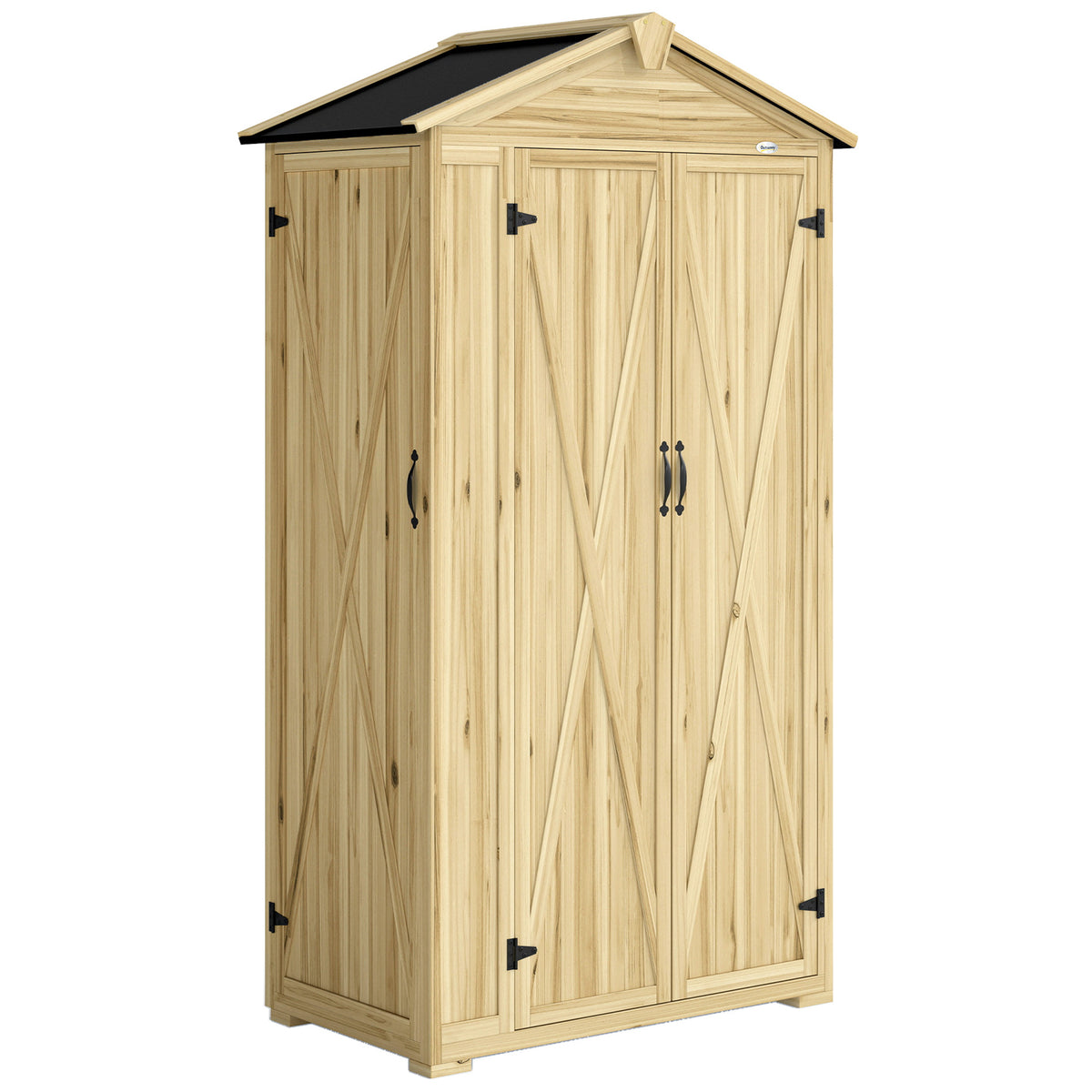 Armoire de Jardin Extérieur en Bois 3 Portes, 4 Étagères, Toit à Pignon, Compartiment, 93x53x168cm, Naturel-0