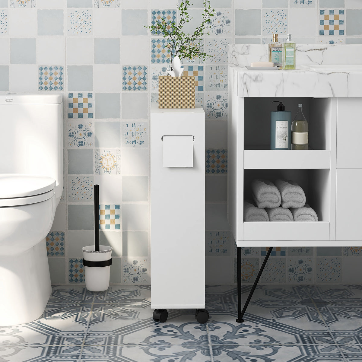 Meuble de rangement toilette salle de bain avec rangement papier toilette sur roulettes - 52 x 17 x 67 cm blanc-7