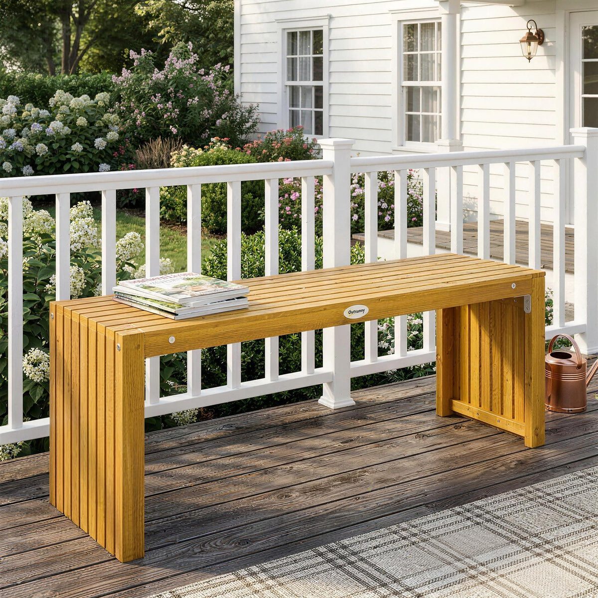 Banc de Jardin en Bois d'Acacia sans Dossier 2 Places, Assise à Lattes Effet Bois, 110x30x45cm, Bois naturel-7