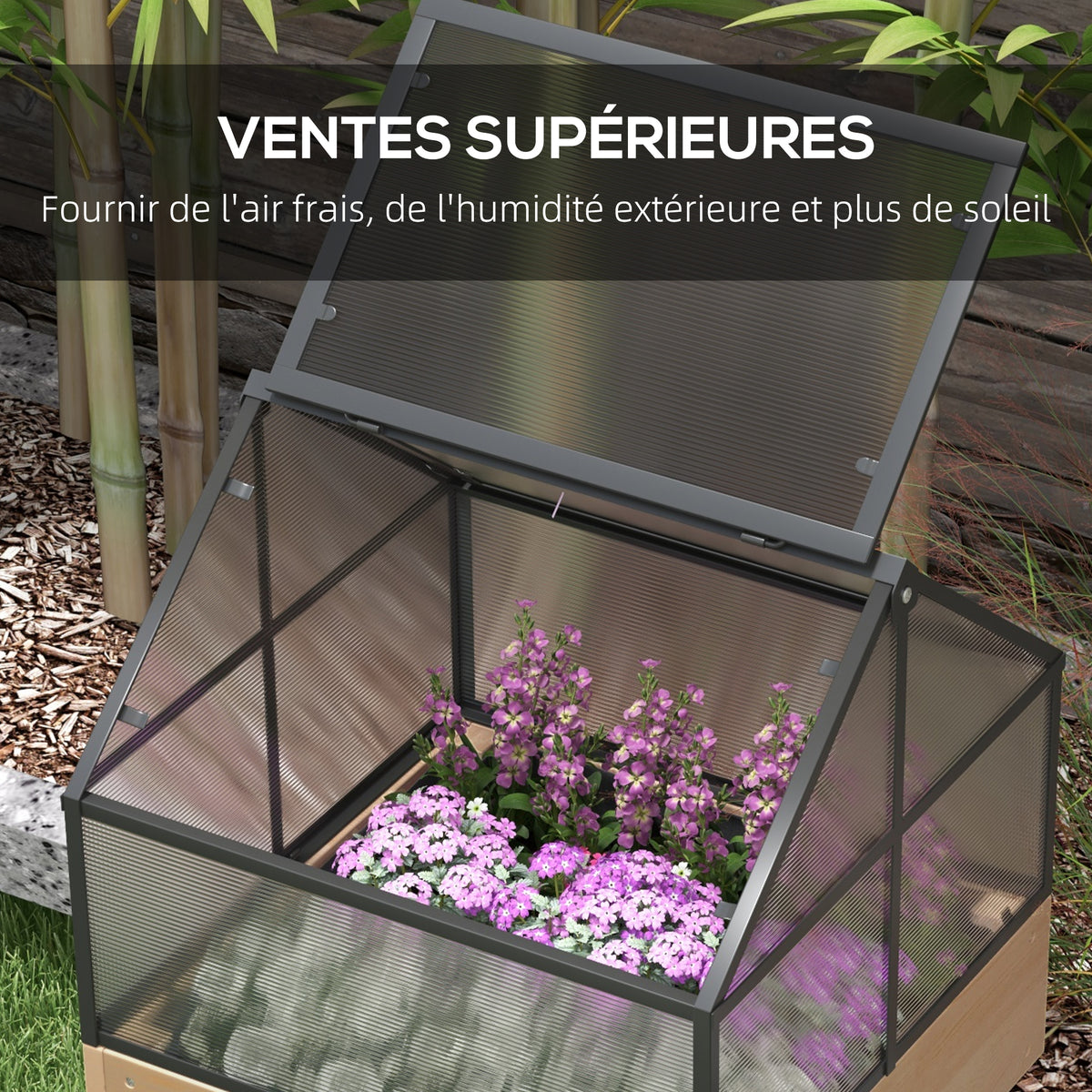 Mini Serre sur Pieds dim. 60L x 57l x 103H cm double toit ouvrable Panneaux de Polycarbonate, acier, Bois Sapin traité-4