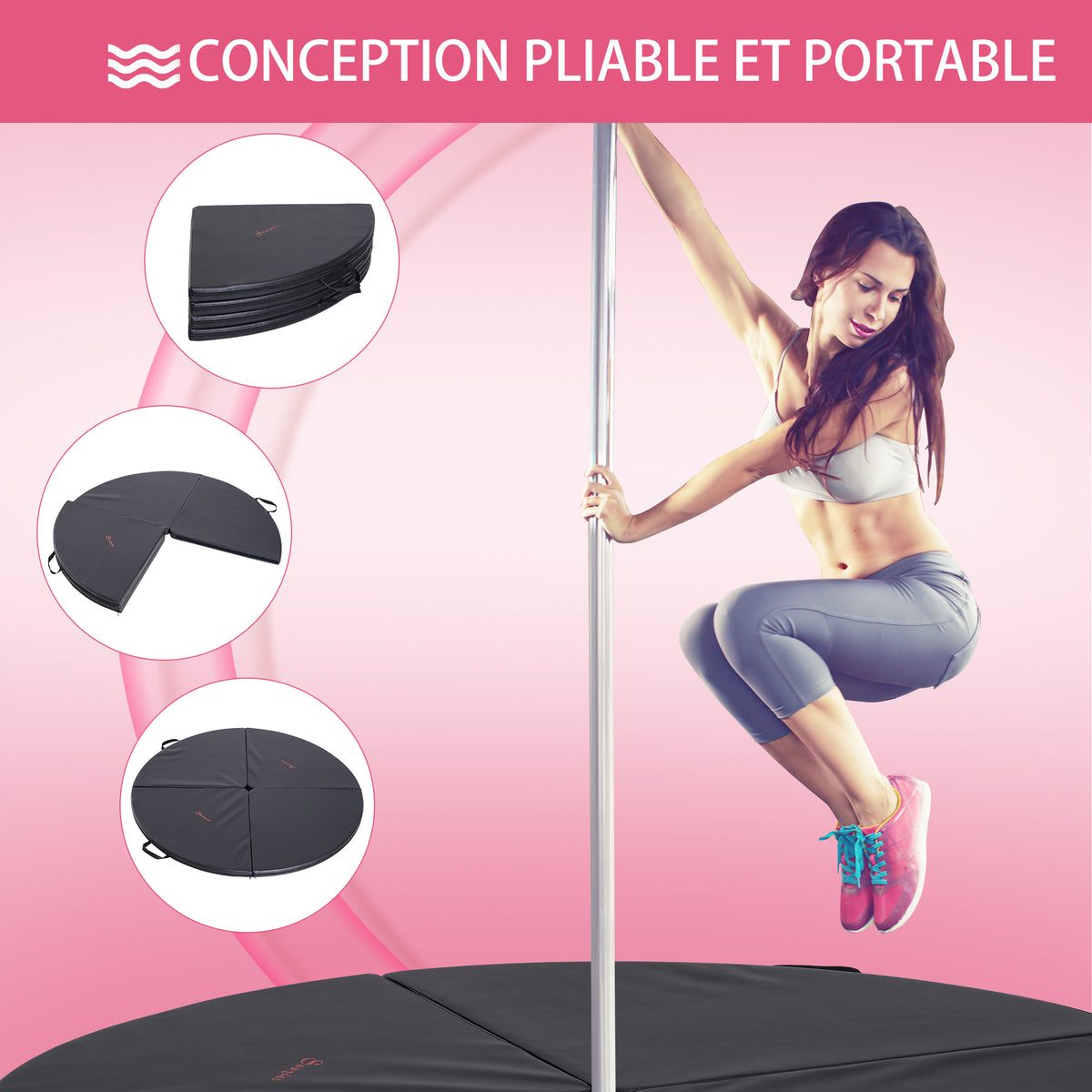 Tapis de pole dance pliable pole dance mat Ø 150 cm épaisseur 5 cm revêtement plastique noir-3