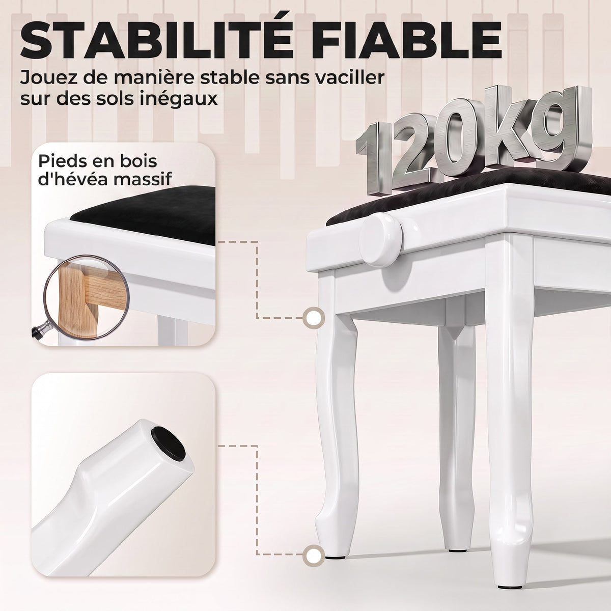 Banc de Piano, Tabouret Piano Réglable en Hauteur 45-56 cm, Banc de Clavier, Siège Rembourré en Velours, Blanc-4