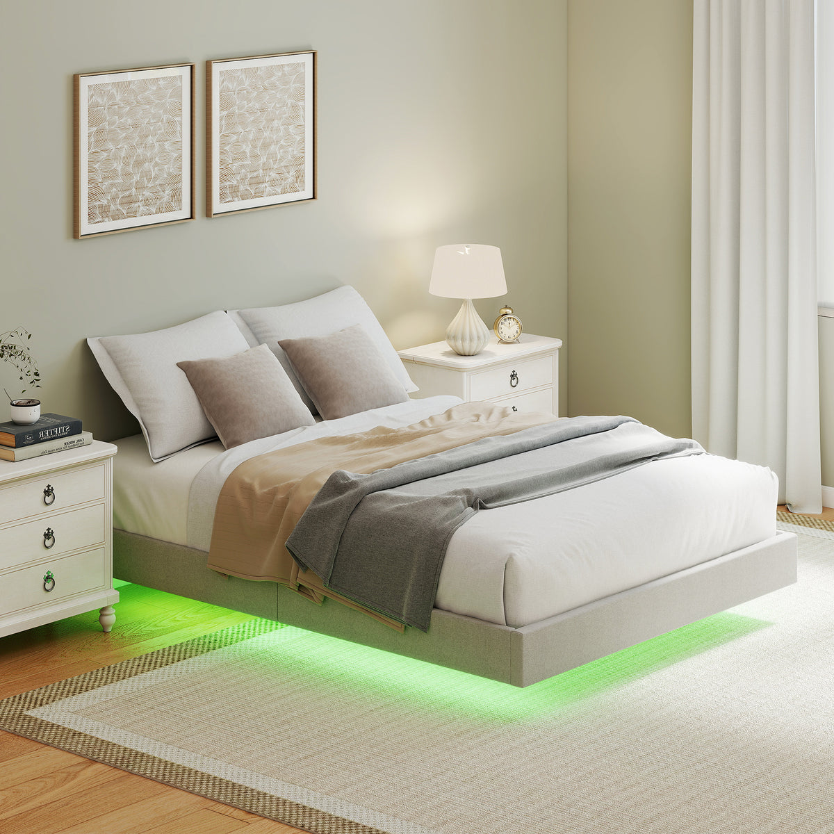 Cadre de lit flottant 140 x 190 cm avec éclairage LED, lit double rembourré en lin, sommier à lattes en bois, beige-1