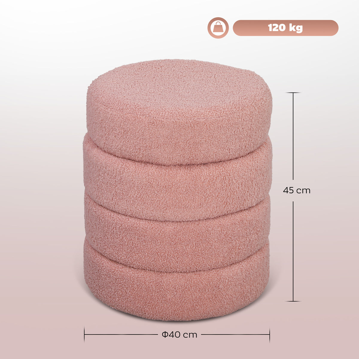 Repose pied salon, tabouret ottoman rond rembourré en peluche Teddy, pour chambre à coucher, entrée, Ø 40 x 45 cm, rose-2