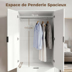 Armoire chambre penderie avec 2 portes à fermeture douce, 2 tiroirs et barre de suspension, 80x50x180cm, blanc-3