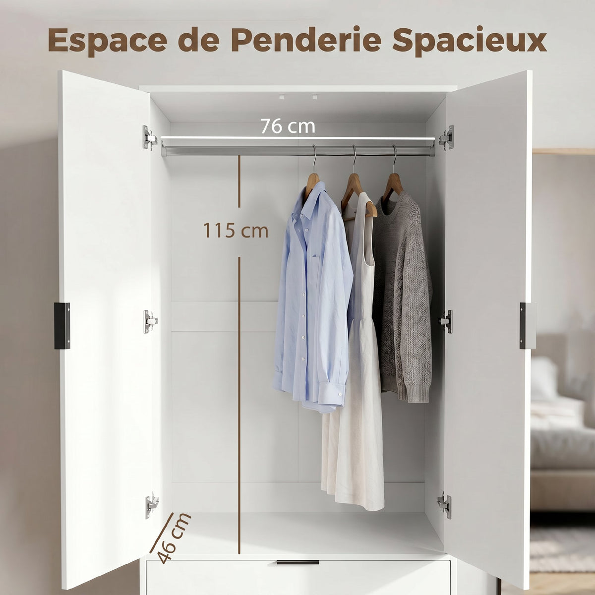 Armoire chambre penderie avec 2 portes à fermeture douce, 2 tiroirs et barre de suspension, 80x50x180cm, blanc-3