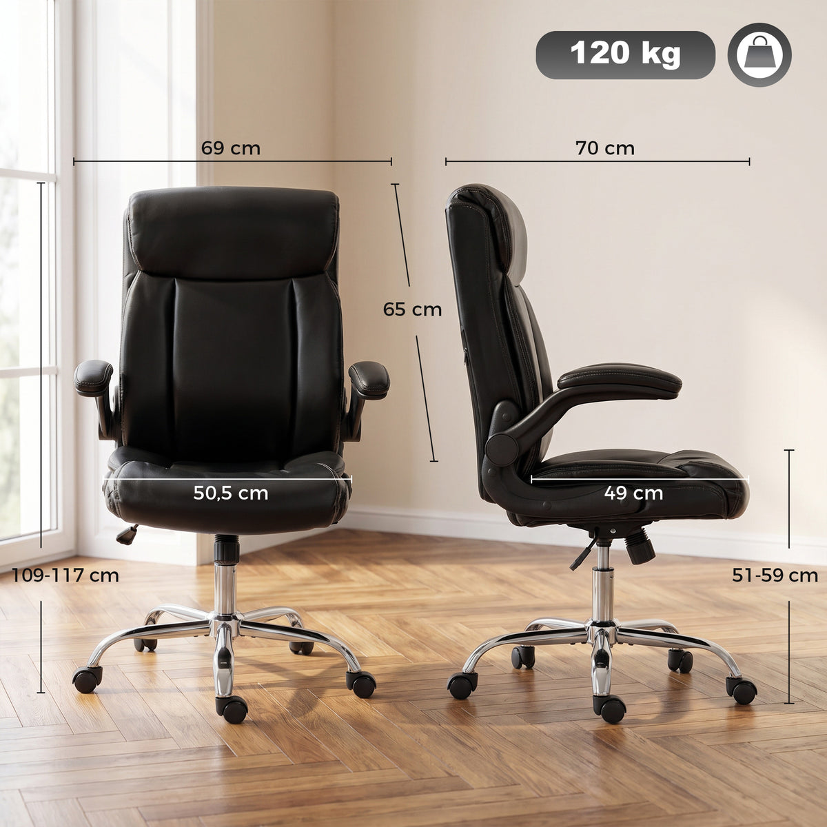 Chaise Bureau Ergonomique avec Accoudoirs Relevables, Fauteuil de Bureau en PU, Hauteur Réglable, Fonction Bascule, Noir-2