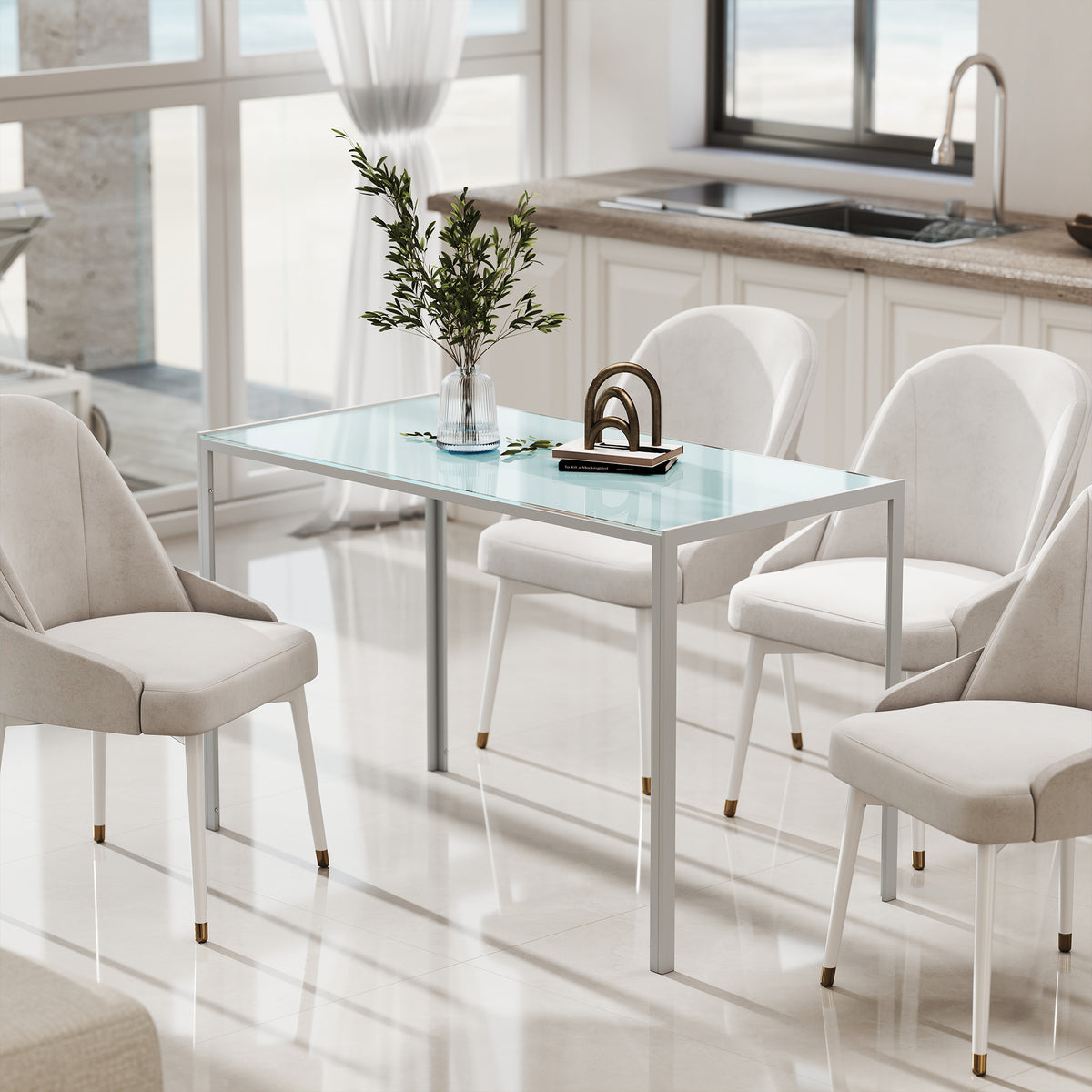 Table à manger pour 4 personnes, table de cuisine avec plateau en verre trempé et pieds en métal, 120x60x75cm, blanc-6