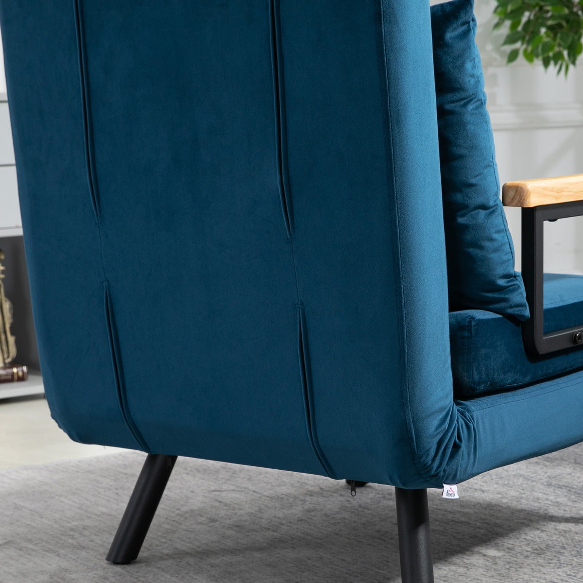 Fauteuil convertible 3 en 1 lit 1 place dossier 5 positions, accoudoirs en bois et coussin, tissu effet velours, bleu-7