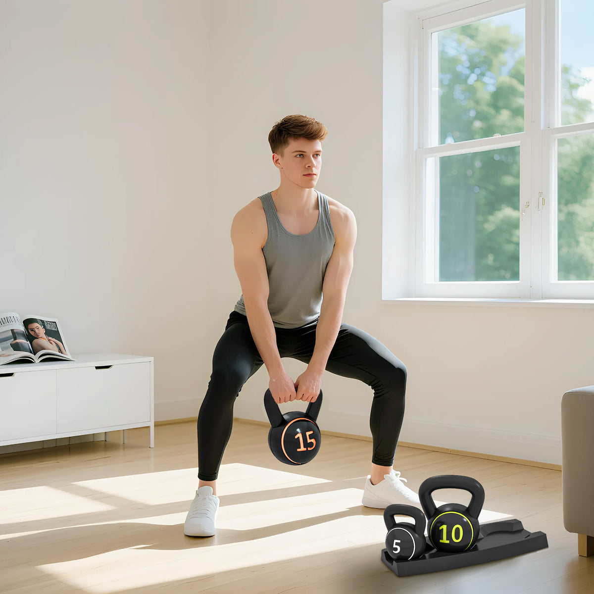Lot de 3 kettlebells 2,2, 4,5 et 6,8 kg poignée antidérapante entraînement sport fitness avec plateau de rangement noir-6