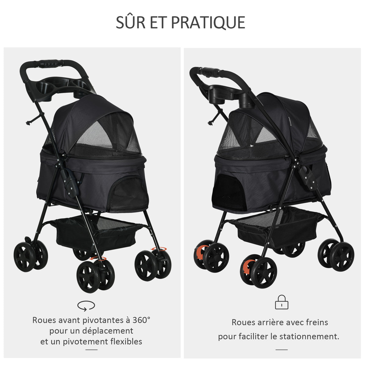 Poussette Buggy Pliable Chien Chat Panier Rangement Porte-Gobelets Tissu 300D Oxford Imperméable 4 Roues Noir-4