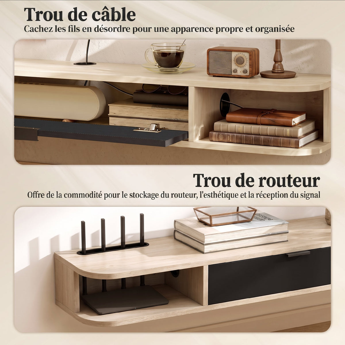 Meuble TV suspendu, meuble télé pour téléviseur jusqu'à 60 pouces, tiroir rabattable 2 étagères 140x24x16cm bois naturel-5