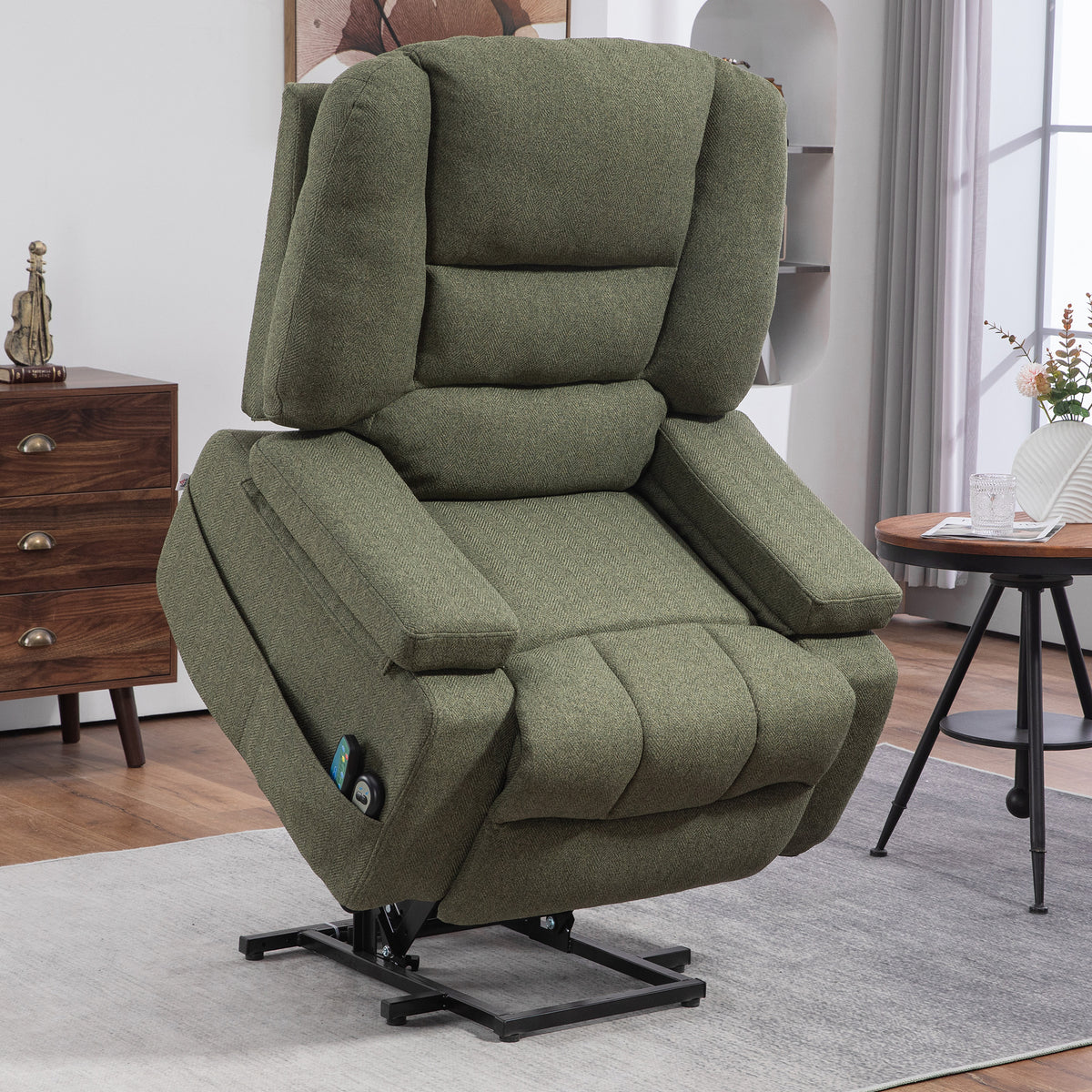 Fauteuil releveur relax électrique, fonction massage et chaleur, inclinaison réglable, repose-pied, télécommandes, vert-1