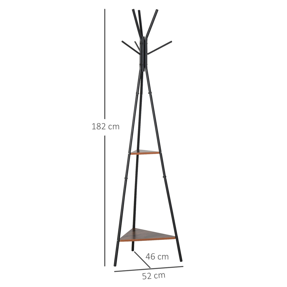 Porte-manteau trépied style industriel branches 2 étagères + 6 patères dim. 52L x 46l x 182H cm métal noir-2