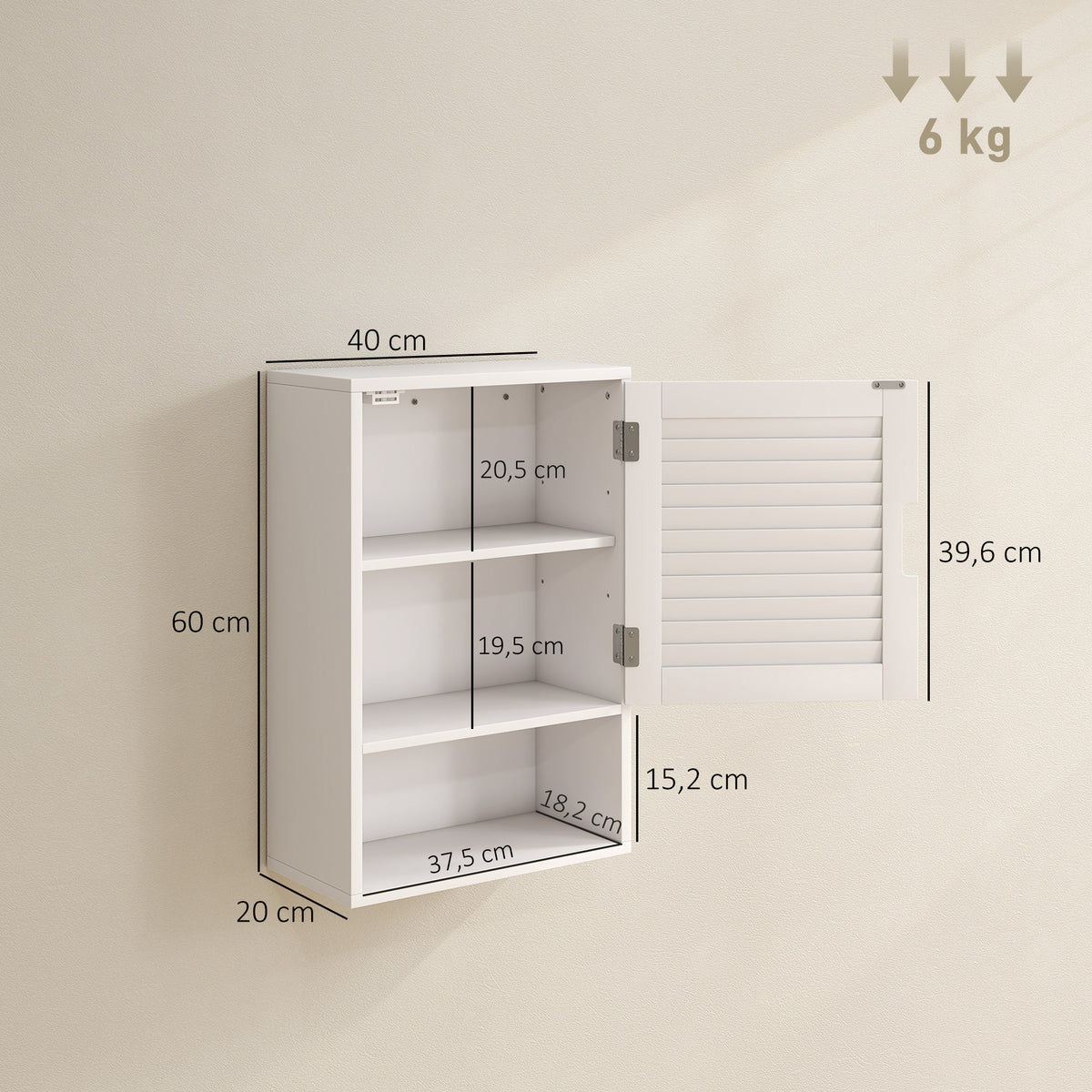 Armoire murale de salle de bain avec porte à lattes, étagère réglable et compartiment ouvert, 40x20x60cm, blanc-2