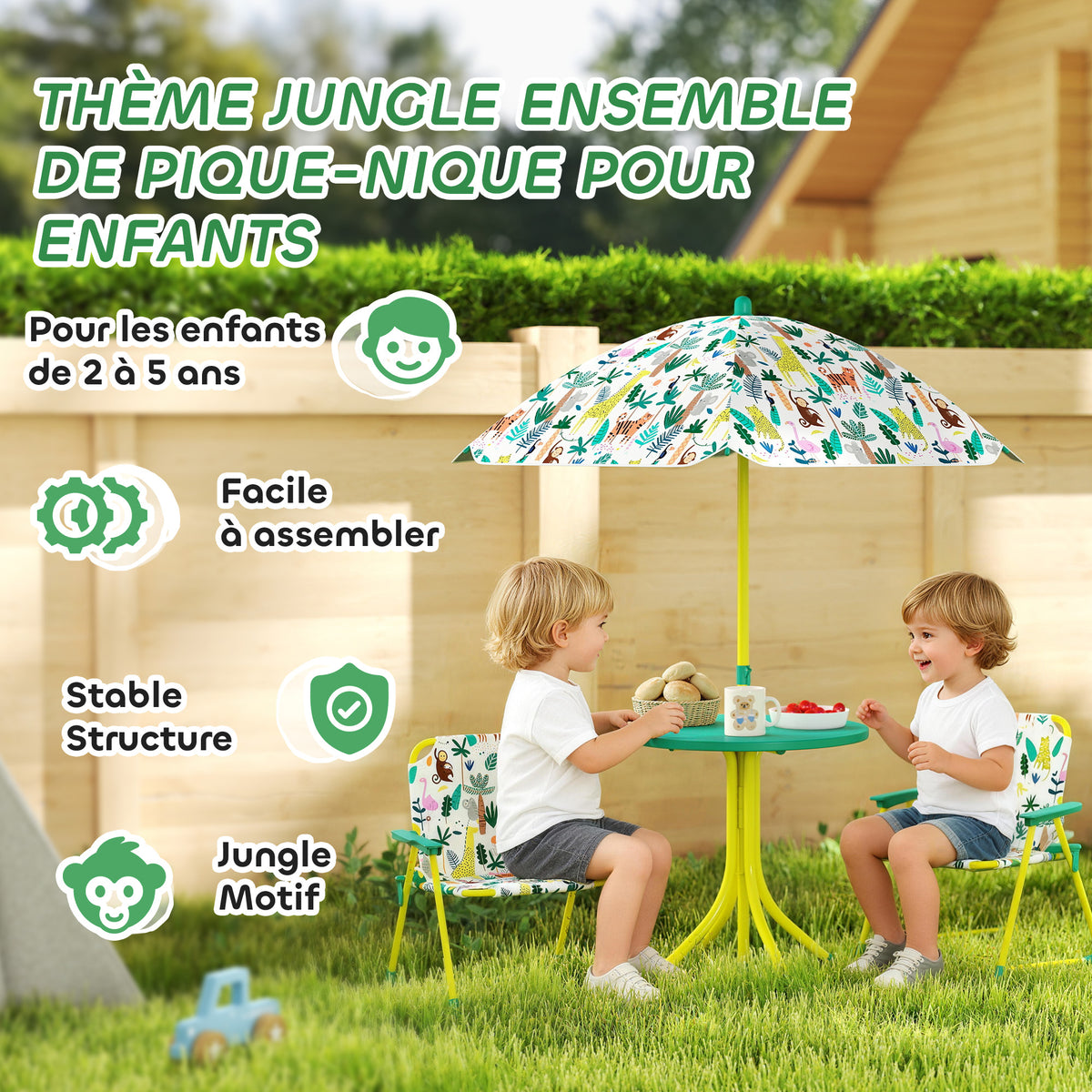 Ensemble Salon de Jardin Extérieur Enfant avec 2 Chaises Pliantes et Parasol, Thème Jungle, pour Jardin, Terrasse, Vert-3