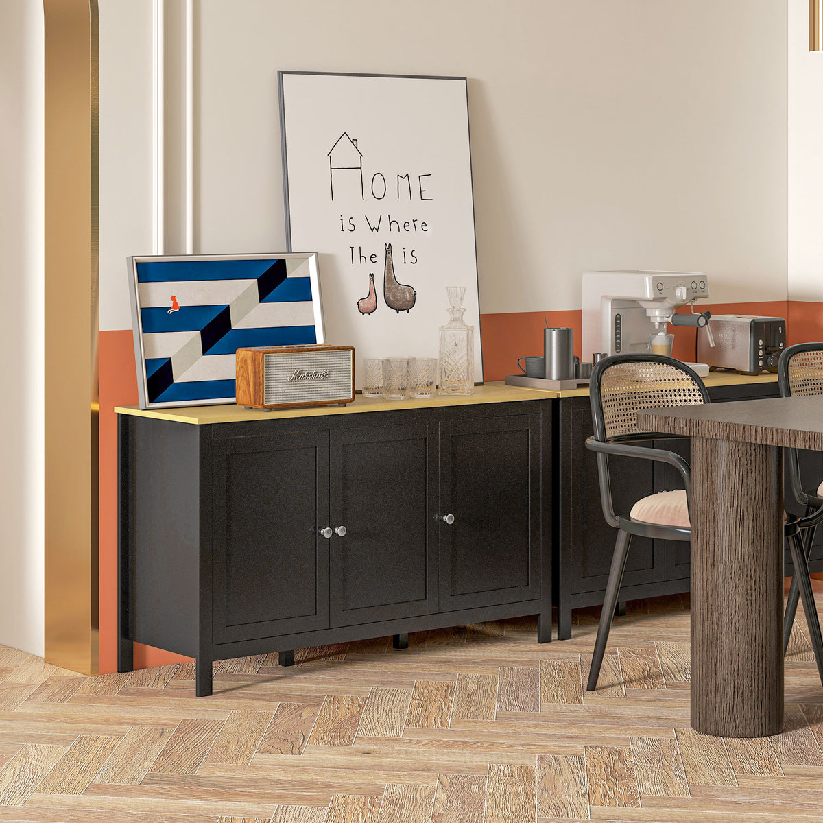 Buffet meuble de rangement avec 3 portes 2 étagères réglables plateau aspect bois clair 120 x 40 x 70 cm noir-9