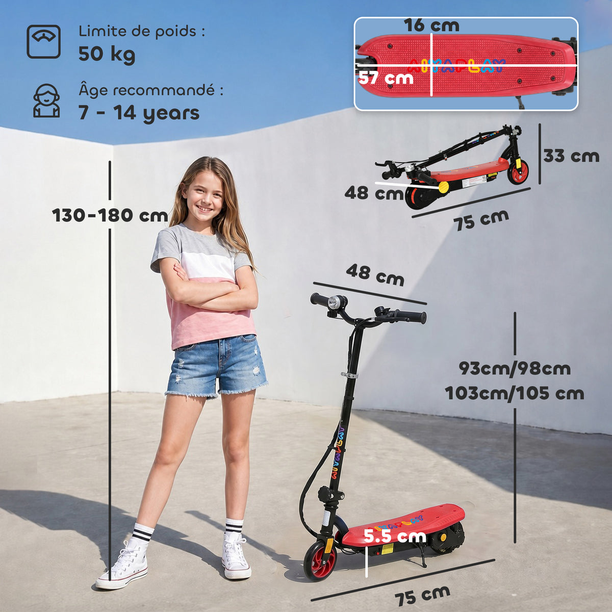 Trottinette électrique 120 W pliable pour enfant 7-14 ans 12 Km/h max. autonomie 10 Km max. rouge-2