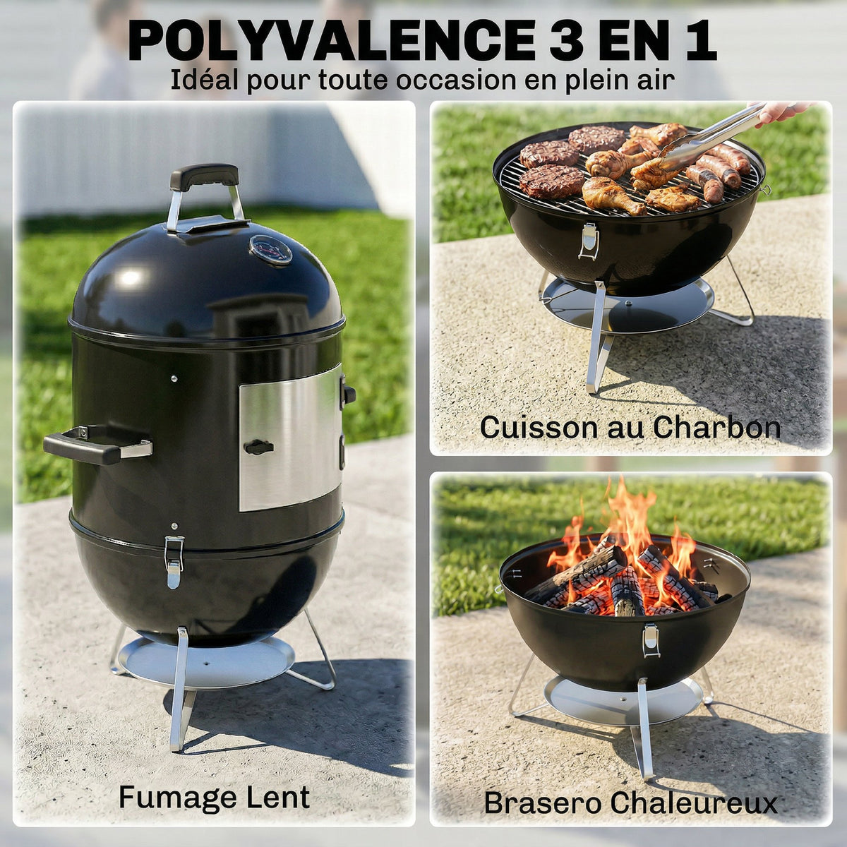 Fumoir 3 en 1 avec 3 Grilles de Cuisson, Thermomètre Intégré, Ventilation Réglable, 62,5x47,5x91cm, Noir-3