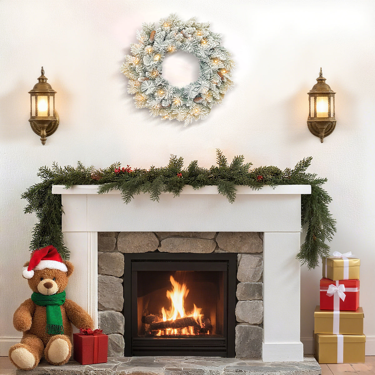 Couronne de Noël lumineuse 60 cm avec 35 LED blanc chaud, minuterie, 98 pointes, pommes de pin, vert et blanc-7