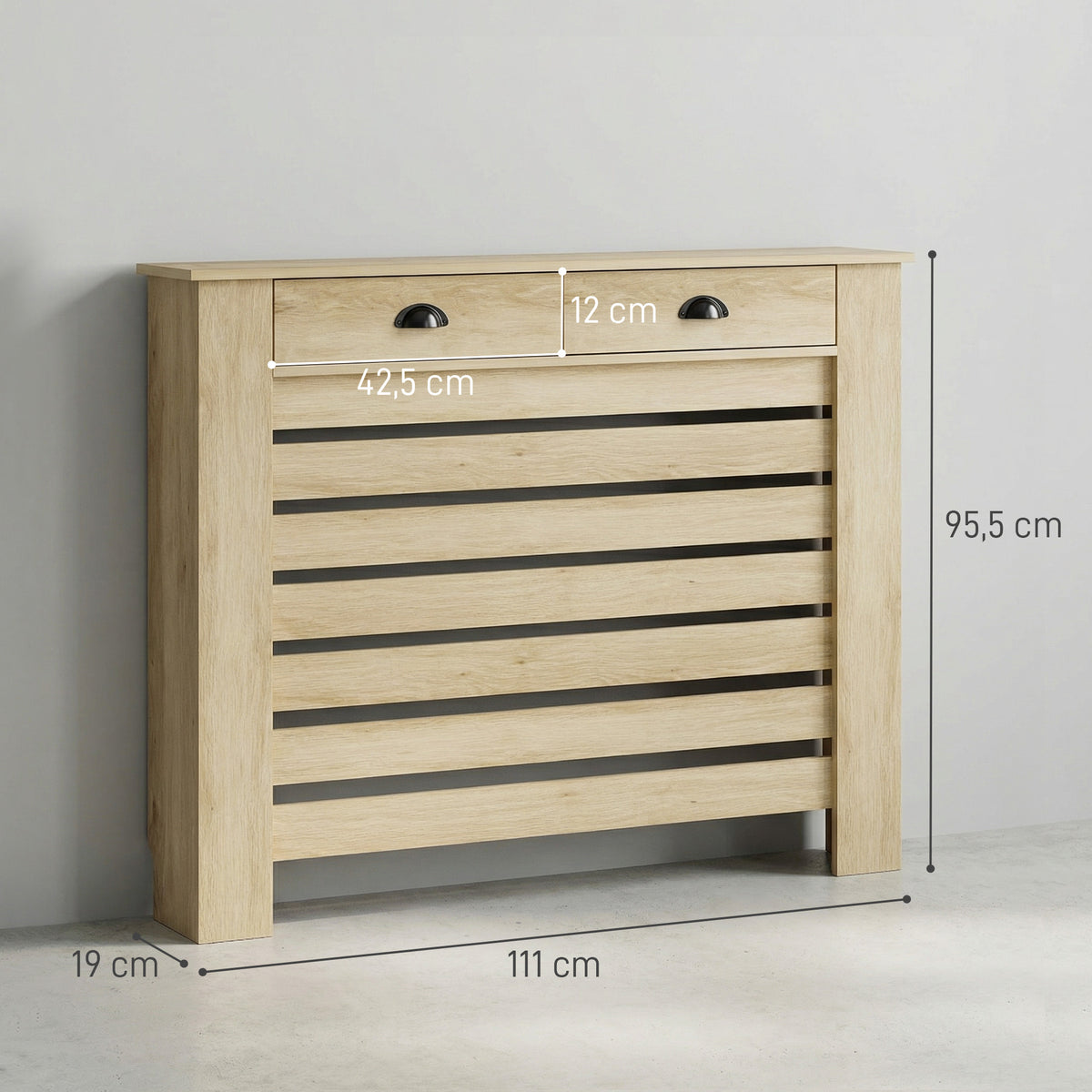 Couvercle de radiateur cache radiateur grille à lattes horizontales avec 2 tiroirs en bois 111l x 19P x 95,5H cm chêne-2