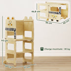 Tour d'Apprentissage Enfant 3 en 1, Tour d'Observation Enfant Pliable avec Tableau Noir, Motif Chat, Naturel-2