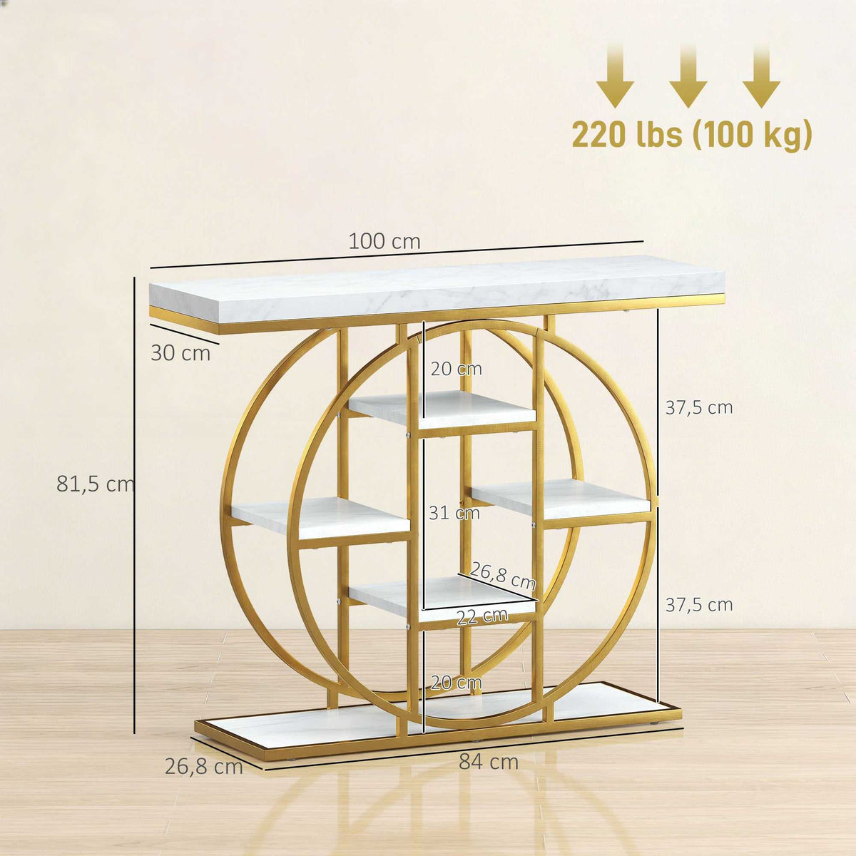 Table Console d'Entrée Meuble d'Entrée Industrielle 6 Étagères Rangement Plateau 4cm 100 x 30 x 81,5cm Blanc-2