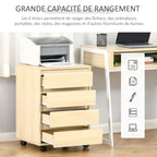 Caisson de Bureau, Rangement Bureau sur Roulettes, 4 Tiroirs Coulissants en Bois, Naturel-3