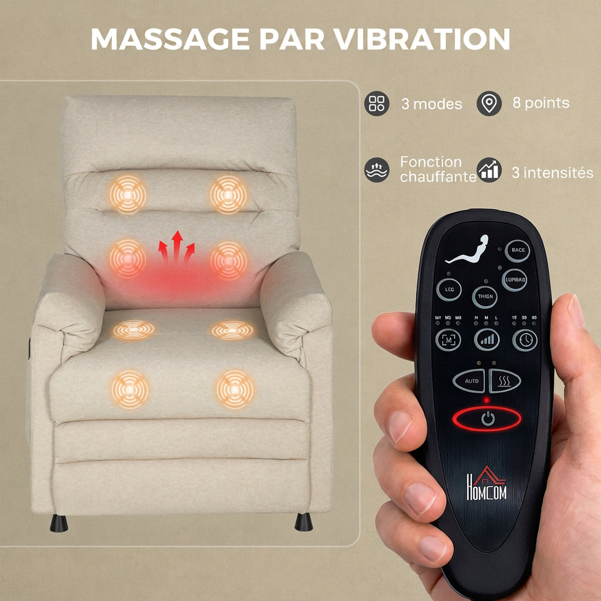 Fauteuil Relax Électrique Massant et Chauffant en Velours, Ultra Silencieux, Inclinable, Port USB, 82x99x106cm, Beige-6