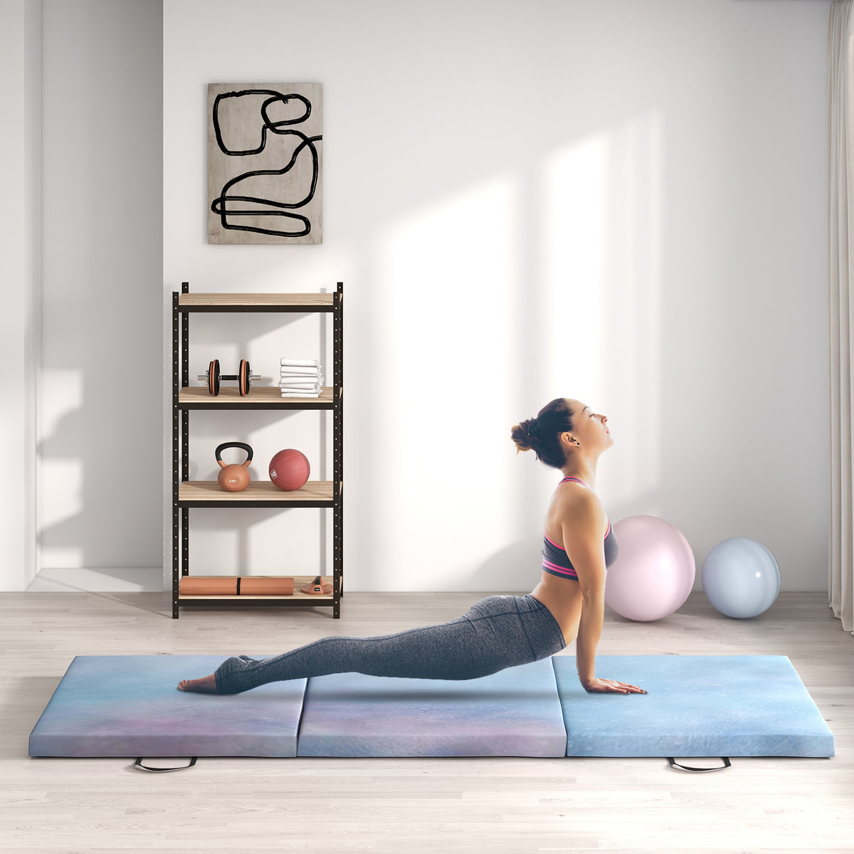 Tapis de gymnastique yoga pilates fitness pliable en 3 panneaux avec poignées revêtement synthétique 180 x 60 x 5cm bleu-9