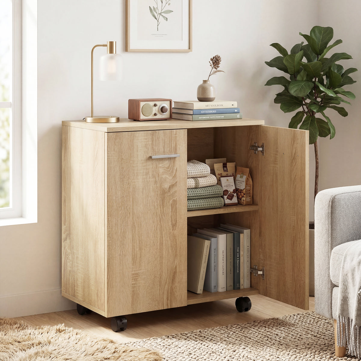 Meuble de Rangement Buffet bas sur roulettes avec 2 Portes étagère Interne 60 x 35 x 65 cm bois naturel-8