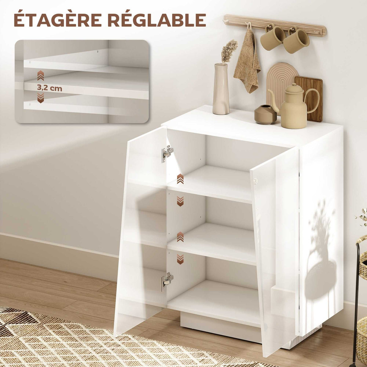 Buffet meuble de rangement avec placard double porte et étagère réglable, 70 x 40 x 88 cm, blanc brillant-4