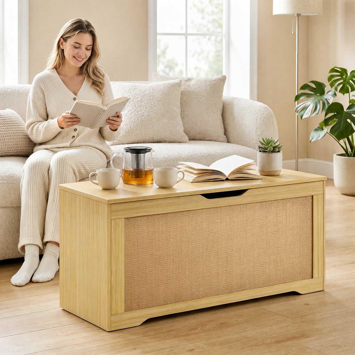 Coffre de Rangement en Rotin 136L, Banc Coffre avec Couvercle Relevable et 2 Charnières de Sécurité, Chêne-7