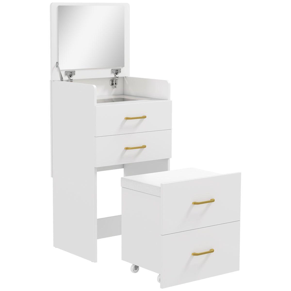 Coiffeuse avec miroir et tabouret 3 en 1, 3 tiroirs et plateau en verre visible, coussin rembourré, 48 x 40 x 90 cm, blanc-0