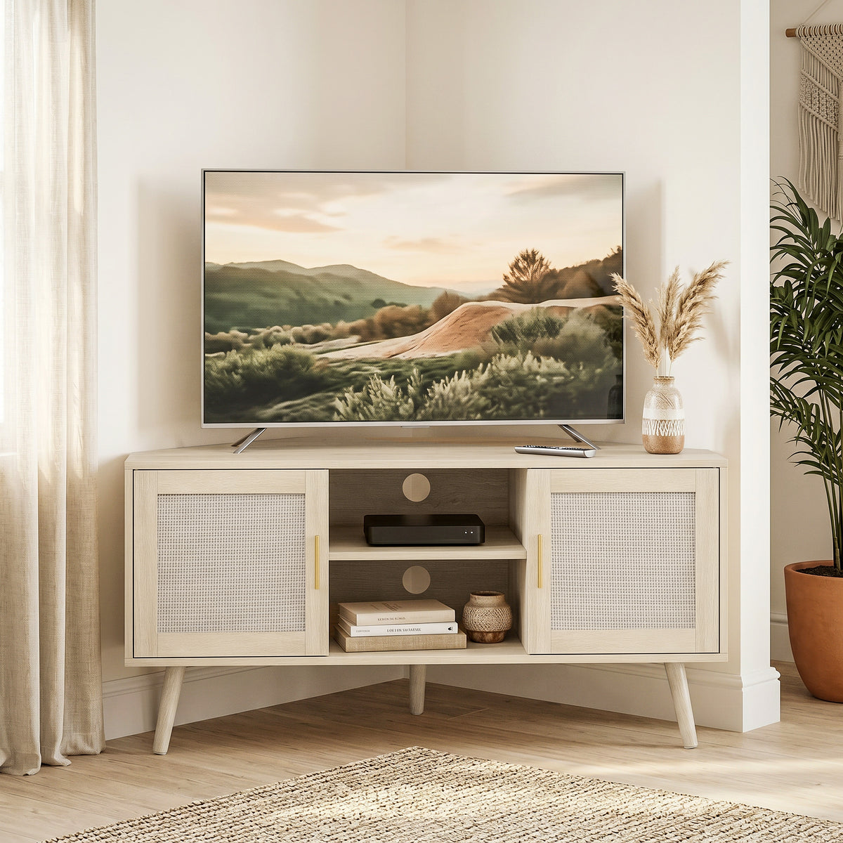 Meuble TV d'Angle 115 cm, Meuble Télé pour Téléviseur jusqu'à 65 Pouces, 2 Portes en Rotin 2 Compartiments, Chêne-1