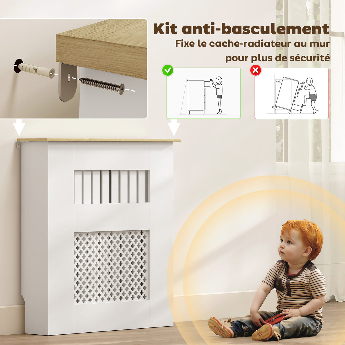 Couvercle de Radiateur en Bois à Lattes avec Détails Croisés et Étagère Supérieure, 78 x 19 x 81 cm, Blanc-5