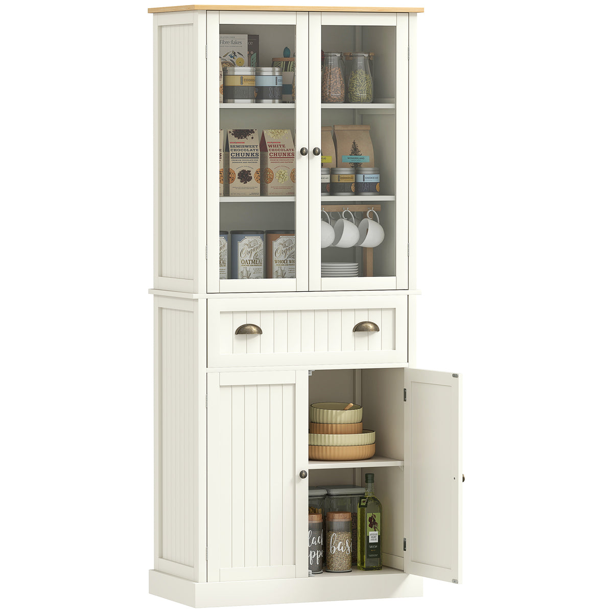 Buffet meuble cuisine rangement armoire de cuisine 4 portes dont 2 portes vitrées et 1 tiroir hauteur 182,5 cm avec étagères réglables - beige-0