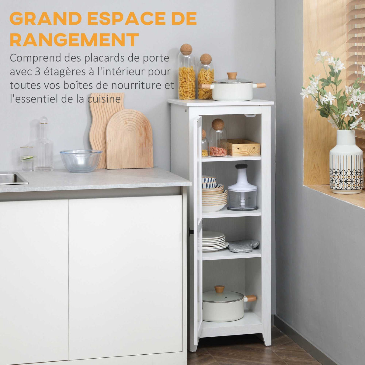 Armoire de Rangement sur Pieds buffet cuisine meuble de rangement pour Salle de bain Gain de Place Style Classique avec 2 étagères réglables- Hauteur 120 cm en Bois Blanc-3