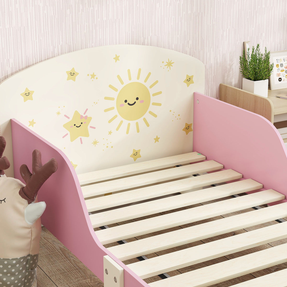Lit enfant 70 x 140 cm, lit pour enfant avec barriere de securite et sommier à lattes, espace de rangement, rose-8