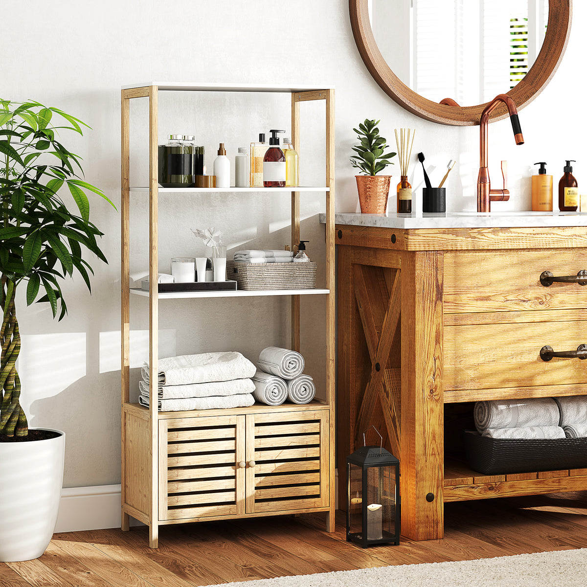Colonne de salle de bain armoire de rangement en bambou 3 étagères 1 placard 63 x 30 x 138 cm bois naturel et blanc-1