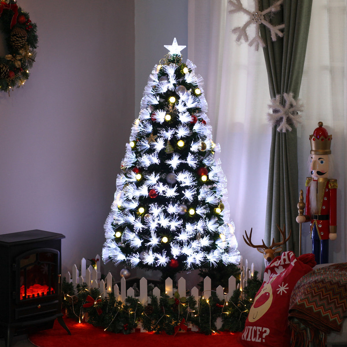 Sapin Noël Artificiel Lumineux 120H cm Fibre Optique LED + 20 Ampoules + Support Pied 130 Sommet Brillante Vert-1